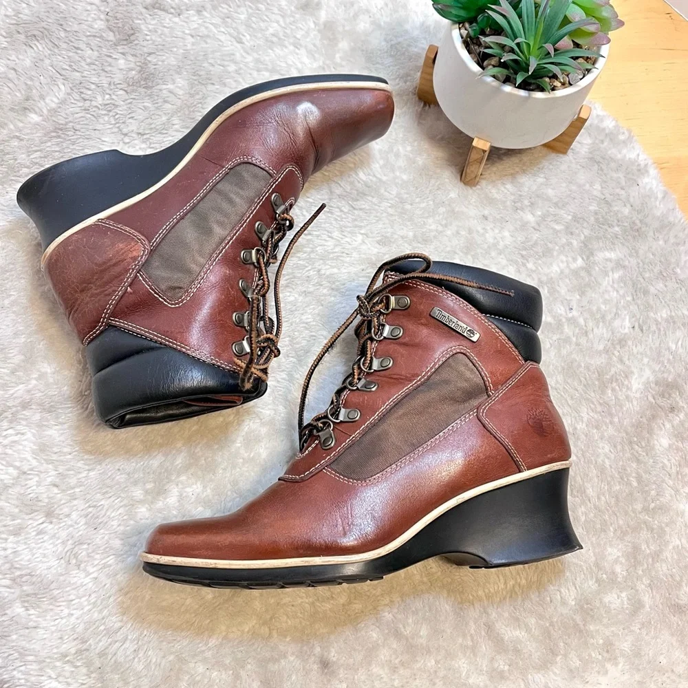 *๐HP ๐ Timberland | Brown Leather Square Toe Lace-Up Wedge Boots Size 6.5 - Picture 1 of 10